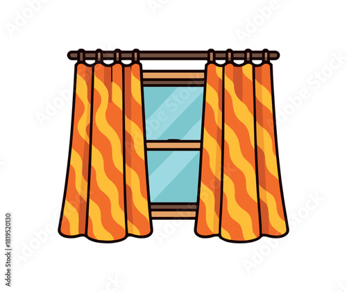 Flat vector illustration of bright window curtain with bold pattern rounded folds clean outline