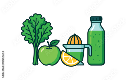 Flat vector kale juice mix: kale bunch green lemon wedge juicer bottle bright vibrant palette clean outlines minimal centered isolated on white no logos