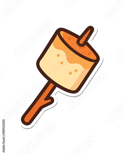 Single marshmallow on stick slightly toasted flat vector style bold outline sticker look bright warm palette isolated on transparent background centered no face no shadow