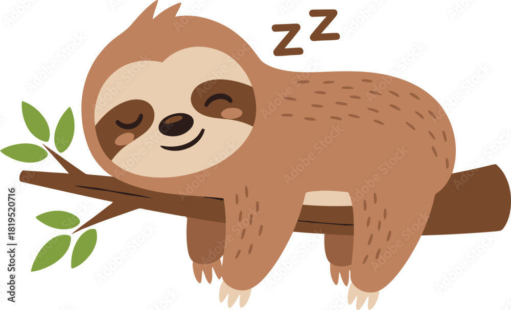 Fototapeta premium A cartoon sloth is sleeping peacefully on a tree branch with closed eyes and the word 'zzz' above it.