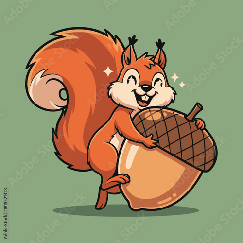 A happy cartoon squirrel with a bushy tail holding a large acorn, smiling.