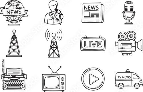 News and Media Doodle Icons Set Black and White Illustration