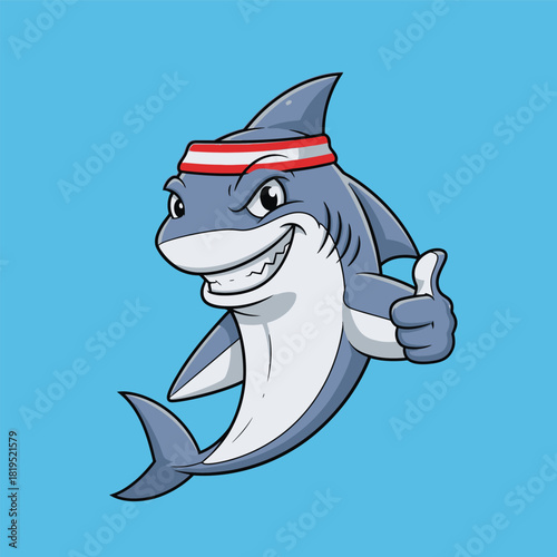 Cartoon shark with headband giving a thumbs up on blue background.