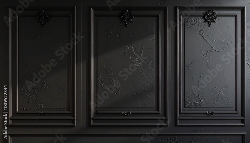 Matte black panel with intricate embossed patterns, premium textured luxury feel 