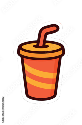 Single cup of soda with straw flat vector style bold outline sticker look bright warm palette isolated on transparent background centered no face