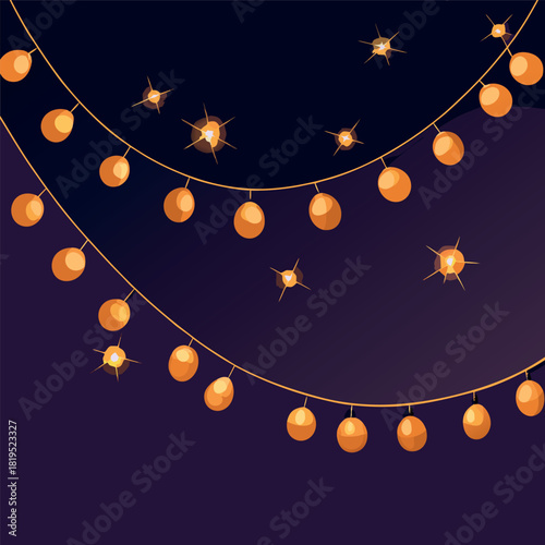 Warm golden string lights hanging in gentle curves against a dark night background, glowing softly with a cozy festive atmosphere.