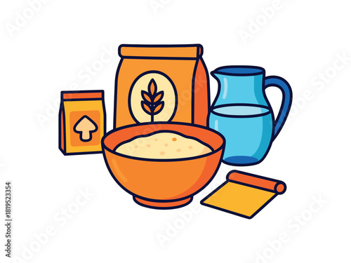 Flat vector pizza dough station: mixing bowl yeast packet flour bag water jug bench scraper bright vibrant palette clean outlines minimal centered isolated on white no logos