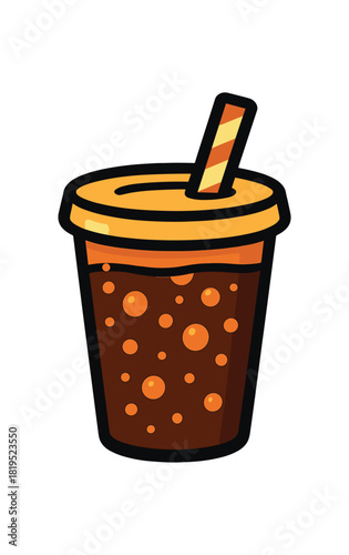 Single paper cup with soda bubbles flat vector style bold outline sticker look bright warm palette isolated on transparent background centered no face