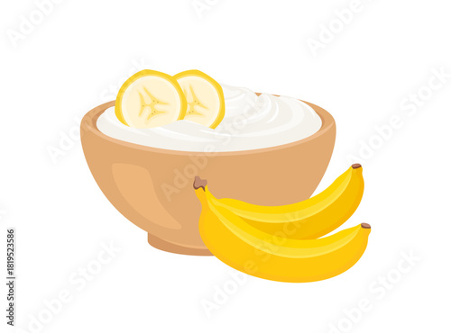 Yogurt with kiwi and banana in bowl. Vector cartoon illustration of healthy food.