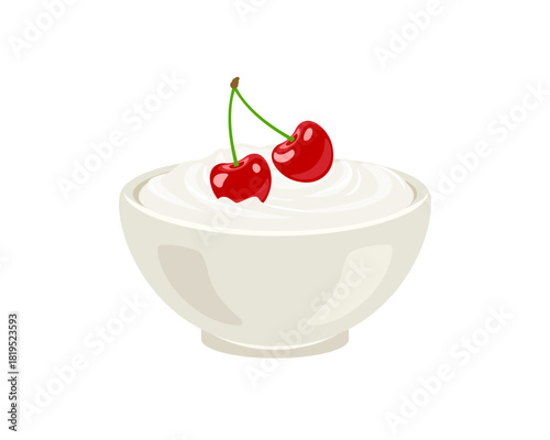 White yogurt with red cherry in bowl isolated. Vector cartoon flat illustration of healthy food.