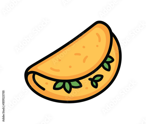 Single omelette folded with herbs inside flat vector style bold outline sticker look bright warm palette isolated on transparent background centered no face