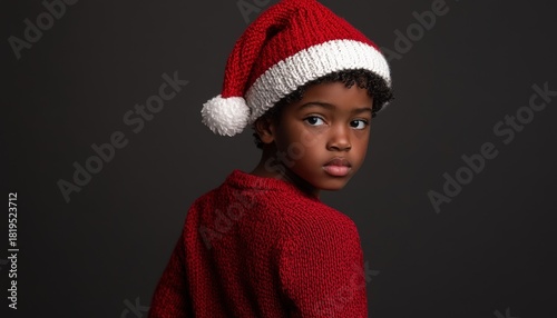 Young child wearing a red knit sweater and festive hat looks over shoulder against dark background