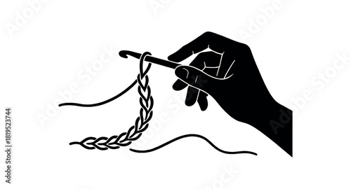 Crochet hook pulling thread no face black silhouette with loop and yarn line accents minimal handmade scene