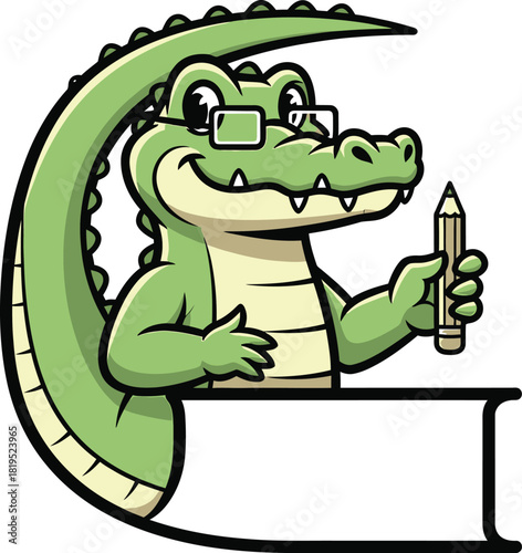 A cartoon green alligator wearing glasses, holding a pencil, and smiling over a blank sign.