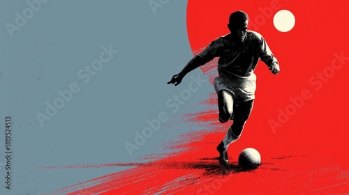 Footbal poster. Soccer wallpaper. Football player dribbling soccer ball on abstract background