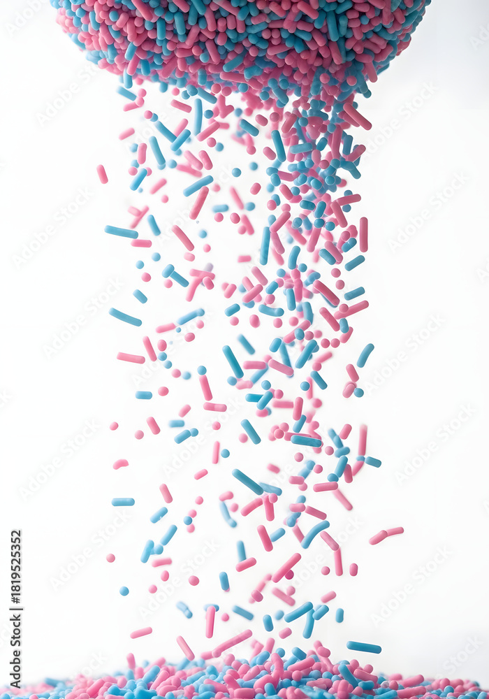 Naklejka premium Falling pink and blue sprinkles create a visually appealing, vibrant spectacle. These colorful sprinkles are scattered