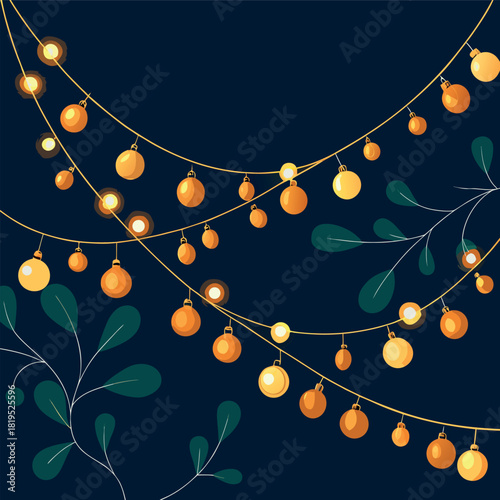 Warm golden string lights hanging in gentle curves against a dark night background, glowing softly with a cozy festive atmosphere.