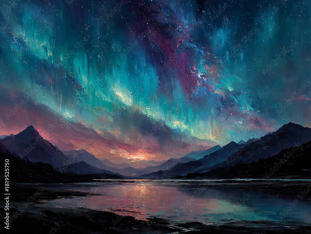 Naklejka premium landscape at night, featuring a vibrant aurora borealis in shades of green and blue, illuminating the sky and casting a mystical glow over the distant mountains. 