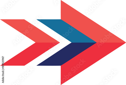 Abstract geometric arrow shape with red and blue layered elements