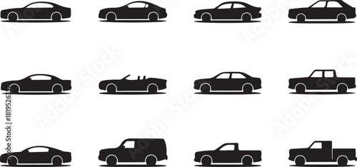 Car Silhouettes Collection on White Background Keywords: cars, vehicles, automobiles