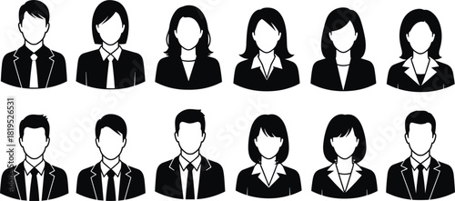Business People Avatars Icons Set, Male and Female Professional Profile Silhouettes, Corporate User Headshots, Manager, Employee, Team, Human Resources, Black and White, Isolated Vector