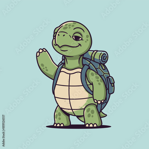A friendly cartoon turtle wearing a backpack and waving, ready for an adventure.