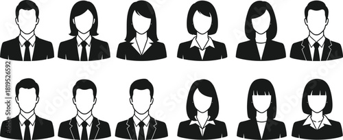 Corporate User Avatars Icons Set, Diverse Male and Female Business Professional Headshots, Profile Silhouettes, CEO, Manager, Employee, Team, HR, Black and White, Isolated Vector Collection