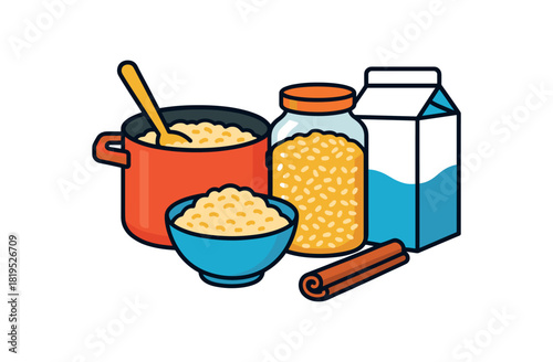 Flat vector oatmeal setup: pot bowl oats jar milk cinnamon stick bright vibrant palette clean outlines minimal centered isolated on white no logos