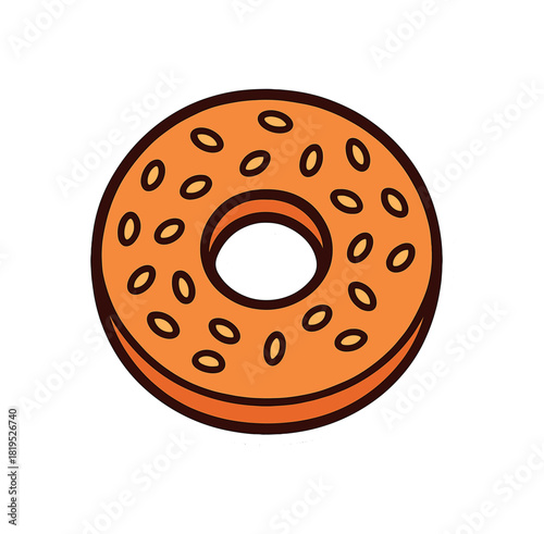 Single bagel with sesame seeds flat vector style bold outline sticker look bright warm palette isolated on transparent background centered no face