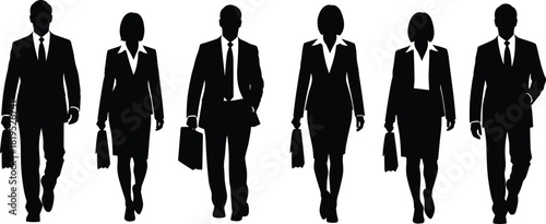 Walking Business People Silhouettes Set, Male and Female Executives in Suits, Corporate Travel, Manager, CEO, Full Body Moving Poses, Holding Briefcases, Professionalism, Isolated Vector