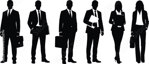 Business Professionals Silhouettes Group, Male and Female Executives in Formal Suits, Corporate Staff Holding Briefcases and Documents, Full Body Standing Poses, Management, Isolated Vector Set