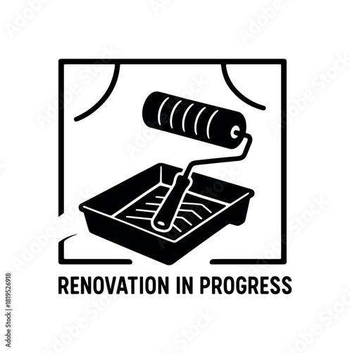 Paint roller with tray on floor black silhouette with frame and curve lines renovation progress vector