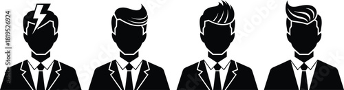 Businessman Avatars Icons Set, Male Professional Profile Silhouettes, Creative Idea and Innovation Concept, Modern Hairstyles, Suit and Tie, Black and White, Isolated Vector Collection