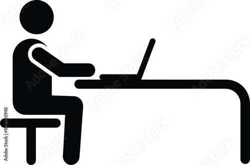 Working Person Pictogram Icon, Simple Black Silhouette of Figure Sitting at Desk Using Laptop Computer, Remote Work, Office Job, Typing, Isolated Vector Symbol for Web Design