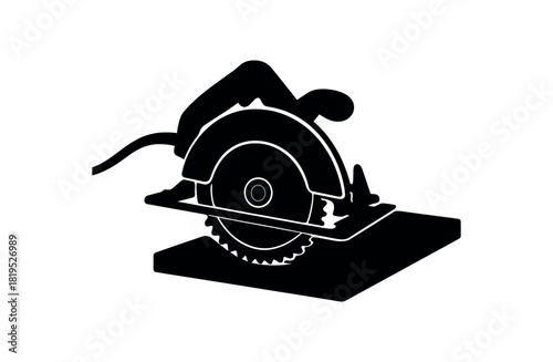 Circular saw partially embedded plank black silhouette with blade and guard lines flat cutting moment