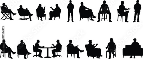 People Sitting and Talking Silhouettes Set, Diverse Men and Women in Conversation, Group Discussion, Meeting, Interview, Consultation, Various Chairs and Tables, Isolated Vector Collection
