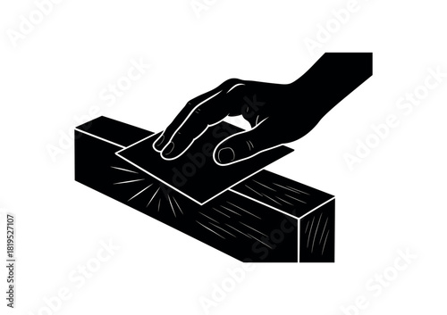 Sandpaper sheets beside wooden edge black silhouette with scratch and grip lines smoothing surface moment