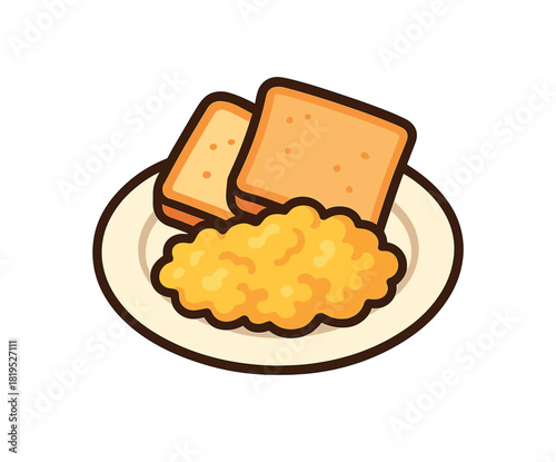 Single plate with scrambled eggs and toast flat vector style bold outline sticker look bright warm palette isolated on transparent background centered no face
