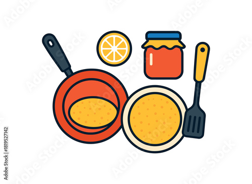 Flat vector crepe morning: pan crepe spatula jam jar lemon slice plate bright vibrant palette clean outlines minimal centered isolated on white no logos