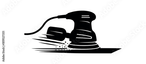 Electric sander with dust trail black silhouette with cord and motion lines flat sanding process vector