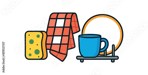 Flat vector breakfast clean up: sponge dish towel rack cup plate bright vibrant palette clean outlines minimal centered isolated on white no logos