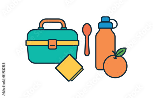 Flat vector reusable breakfast kit: lunch box bottle spoon napkin fruit bright vibrant palette clean outlines minimal centered isolated on white no logos