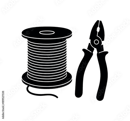 Wire spool next to pliers black silhouette with coil and edge lines electrical repair vibe