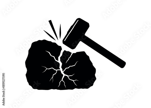 Sledgehammer beside cracked stone black silhouette with head and impact line accents demolition scene