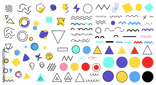 A versatile collection of colorful Memphis style geometric shapes and abstract graphic design elements for modern creative projects