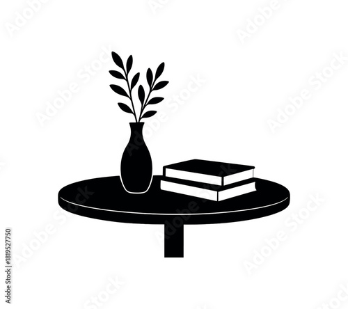 Table with vase and books black silhouette with clean object and surface lines calm home detail