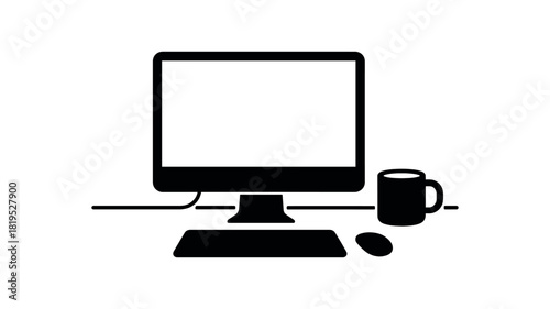 Desk with computer monitor and mug black silhouette with clean screen and wire lines workspace layout vector