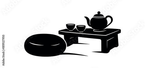 Floor cushion beside low table black silhouette with soft curve and tea set line accents zen moment vector
