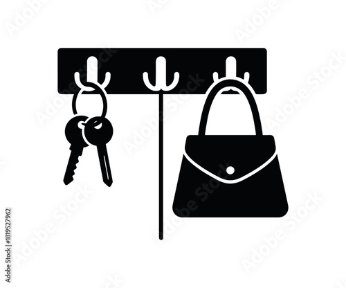 hooks with keys and bag black silhouette with shape and hang lines entryway detail flat vector