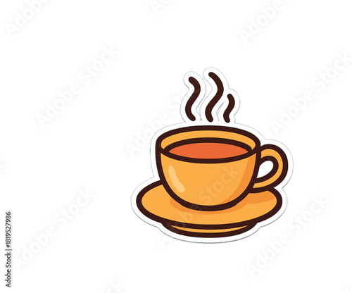 Single steaming cup of tea on saucer flat vector style bold outline sticker look bright warm palette isolated on transparent background centered no face